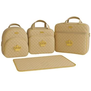 Imagem de Kit Bolsa Frasqueira Mochila e Trocador Saida Maternidade 4 Peças Coroa Dourada (Bege)