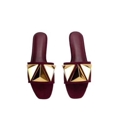 Imagem de GORGLITTER Sandálias femininas achatadas douradas, elegantes, quadradas, abertas, férias de verão, sapatos deslizantes, Borgonha, 37