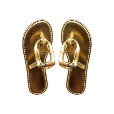 Imagem de OYOANGLE Sandálias femininas metálicas dedo aberto chinelos praia verão sapatos, Dourado, 38