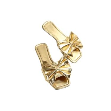 Imagem de GORGLITTER Sandálias femininas com laço dourado quadrado bico aberto boho elegante bonito casamento férias verão sapatos deslizantes 2025, Dourado, 39