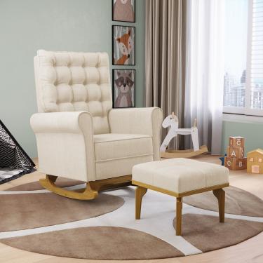 Imagem de Poltrona de Amamentação com Balanço e Puff Manu Linho Bege TC184 Base de Madeira - D'Rossi