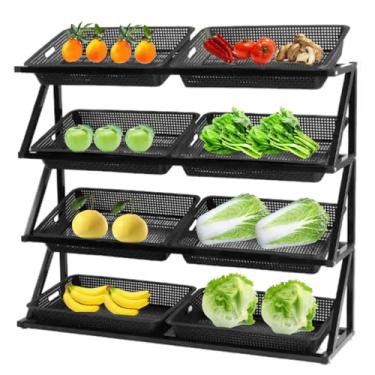 Imagem de Organizador comercial de prateleira de frutas e vegetais de 4 camadas com 8 cestos - expositor de lanche de grande capacidade para cebolas, batatas e lojas de conveniência