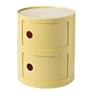 Imagem de Mesa de cabeceira redonda com gaveta e portas deslizantes – pequena mesa de cabeceira para sala de estar, quartos, banheiro, armário de mesa redonda estreito para organização de armazenamento