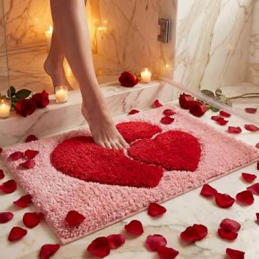 Imagem de Lyrow Tapete de banheiro de dia dos namorados com coração rosa de pelúcia 3D, tapete de banho absorvente antiderrapante para decoração de banheiro dos namorados, tapete de chuveiro macio e engraçado