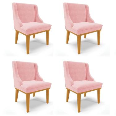 Imagem de Kit 4 Cadeiras Estofadas Para Sala De Jantar Base Fixa De Madeira Castanho Lia Suede Rosa Bebê - Ibiza