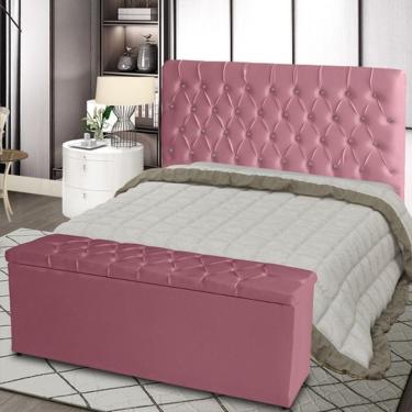 Imagem de Kit Cabeceira De Cama Box E Calçadeira Baú Paris Queen 160 Cm Capitonê Suede Rosa Bebê Do Lar Móveis