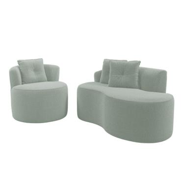 Imagem de Kit Sofá E Poltrona Orgânica Living Bob Com Almofadas Bouclê Verde Menta - Desk Design