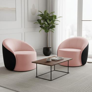 Imagem de Poltrona Sala Orgânica Kit 2 Lua Fixa Sintético PU Preto/Bouclê Rosê D03 - D'Rossi