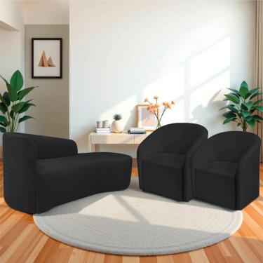 Imagem de Kit Sofá Curvo França 140cm Ld. E 2 Poltronas Luiza Max Conforto, Elegância E Design Moderno Bouclé Preto