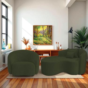 Imagem de Kit Recamier Curvo Sala De Estar Inglaterra 150cm Lado Esquerdo E Poltrona Orgânica Luxo Amore Linho Verde