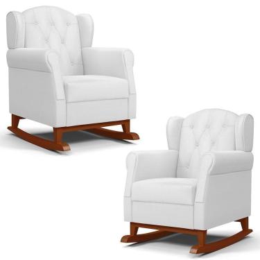 Imagem de Kit 02 Poltronas Amamentação Base Madeira Balanço Lucy P04 Sintético Branco - Mpozenato