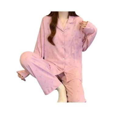 Imagem de Conjunto De Pijama Feminino Rosa Com Laço, Top De Manga Comprida, Calç