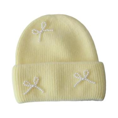 Imagem de Gorro Feminino Y2K De Inverno Com Laço E Pérolas, Quente E Fofo, De Lã