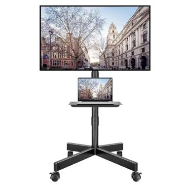 Imagem de BONTEC Suporte de TV móvel com inclinação, suporte de TV com rodas para TVs LCD LED de 23 a 60 polegadas, carrinho de TV portátil com prateleira de mídia ajustável para sala de estar, quarto