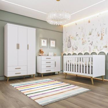 Imagem de Quarto Bebê Retrô Completo Berço 3 em 1 Cômoda com Porta Guarda Roupa 3 Portas Ludmila Branco com Bétula