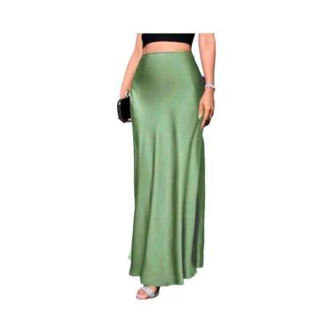 Imagem de Saia Midi Elegante De Cetim Para Mulheres, Corte A, Cintura Alta, Esti
