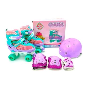 Imagem de Patins Infantil Quad Ajustável Turma da Aventura Com Kit Proteção, Acolchoado e Freios...