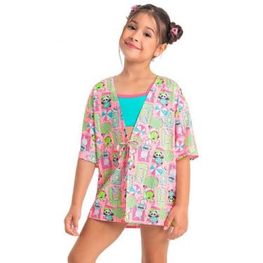 Imagem de Saída de Praia Kimono Infantil Feminina com Proteção UV Rosa Panda Qui