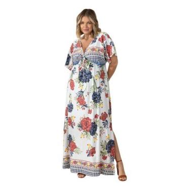Imagem de Vestido Longo Fenda Floral Decote V Conforto Em Malha Fria - Quintess,