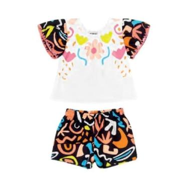 Imagem de Conjunto Infantil Cropped Em Malha Floral Abstrato E Short Moletom Pre