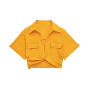 Imagem de Camisa Cropped De Linho Com Nó Frontal E Bolsos Em Patch Para Mulheres
