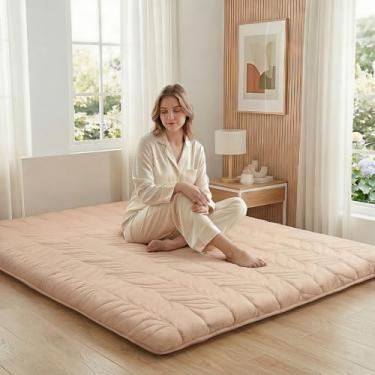 Imagem de ZonLi Colchão japonês futon tamanho queen, tapete de tatame espesso com capa lavável, 100% algodão, dobrável e portátil, espreguiçadeira para acampar, café