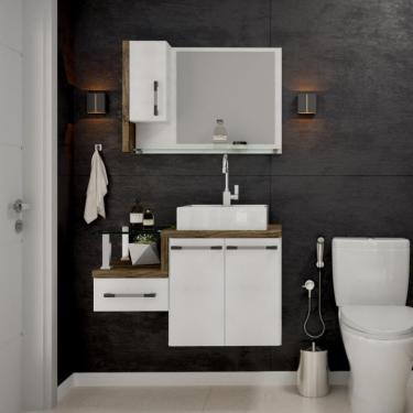 Imagem de Conjunto de Gabinete de Banheiro com Cuba Q39 e Espelheira Wood 3 PT 1 GV Branco e Carvalho Dark