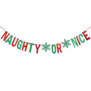 Imagem de Banner de Natal Naughty Or Nice com glitter vermelho e verde, decorações de banner de Natal impertinentes ou agradáveis para decorações de Natal, placa de Natal impertinente ou agradável