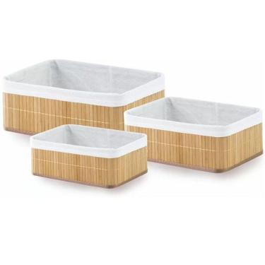 Imagem de Conjunto com 3 Cestos Multiuso em Bambu Claro Forrado em Algodao Mimo STYLE BM19231 6840