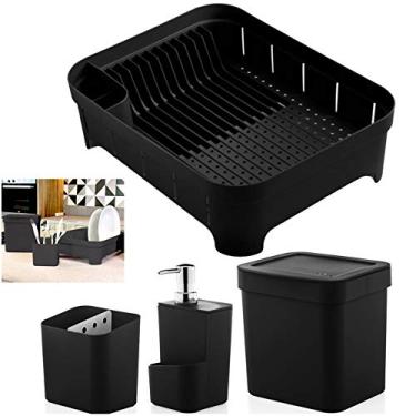 Imagem de Kit Cozinha Trium Escorredor Louça + Porta Talheres + Dispenser Detergente + Lixeira - Ou - Preto
