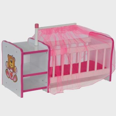 Imagem de Berço Para Boneca Cristal Ursinho C02 Brinquedo Infantil Branco Rosa - Lyam Decor