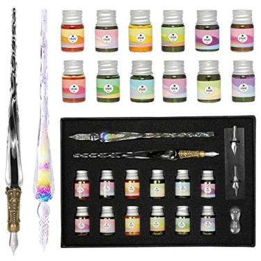 Imagem de ESSSHOP Conjunto de caligrafia de caneta de tinta de vidro – Kit de 17 peças com caneta de vidro retrô esculpida em cristal arco-íris, 2 pontas de substituição, 12 tintas para assinaturas