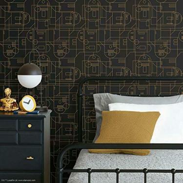 Imagem de RoomMates Papel de parede geométrico preto e amarelo RMK11784RL Star Wars R2D2