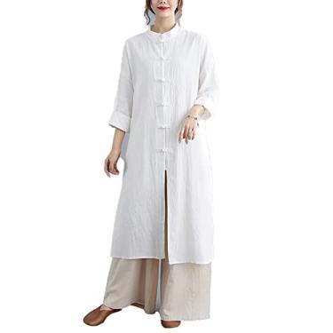 Imagem de Yajun Tradicional Chinês Tang Terno para Mulheres Primavera Algodão Corda Longa Botão Solto Top Meditação Roupas de Chá Kung Fu, Branco, 2GG (Busto: 120cm)