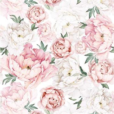 Imagem de UniGoos Papel de parede floral em aquarela para destacar e colar autoadesivo removível vintage peônia papel de parede de vinil de flor rosa para decoração de armário de sala de estar DIY 45 x 299 cm