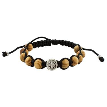 Imagem de Venerare Pulseira com medalha de São Bento | Santo Padroeiro dos Estudantes e da Europa | Cordão preto ajustável | Contas de madeira de oliveira | Ótimo presente católico para a primeira comunhão e