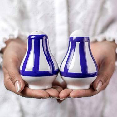 Imagem de Sal de cerâmica azul marinho escuro feito à mão com listras azuis e potes de pimenta, Shakers, conjunto de cruetas, suporte, presente de boas-vindas da City to Cottage