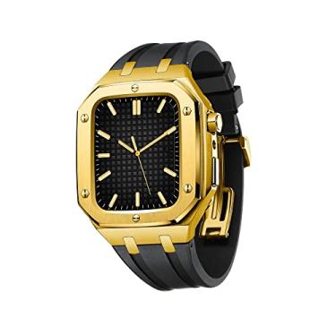 Imagem de KANUZ Capa protetora de cobertura total para pulseira de relógio Apple 45mm 44mm masculina feminina capa protetora de metal com pulseira de silicone à prova de choque (cor: ouro preto,