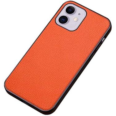 Imagem de KOSSMA Capa de telefone à prova de choque antiderrapante com padrão de lichia, capa de couro completa para Apple iPhone 12 Mini (2020) 5,4 polegadas [Proteção de tela e câmera] (Cor: laranja)
