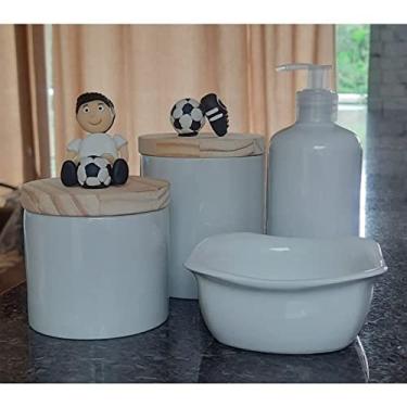 Imagem de Kit higiene bebê 4 peças Futebol - Potes, porta álcool e Molhadeira - Peças porcelana e tampas pinus