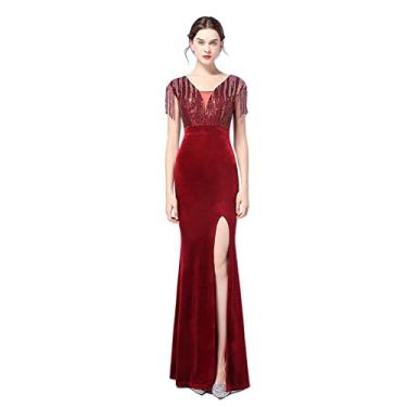 Imagem de Vestido de noite feminino plus size sereia vestidos de noiva veludo longo colado ao corpo com fenda lateral vestido de noite formal, vermelho, P (38)