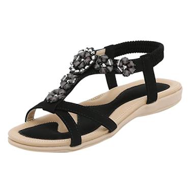 Imagem de Sandálias femininas moda decoração de flores fundo plano confortável elástico sem luz sapatos salto anabela para mulheres sandálias (preto, 38)