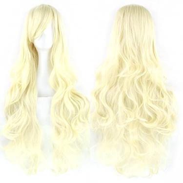 Imagem de IMISSU Peruca cosplay de cabelo natural cacheado longo com franjas coloridas fantasia de Halloween perucas de festa (Loiro)