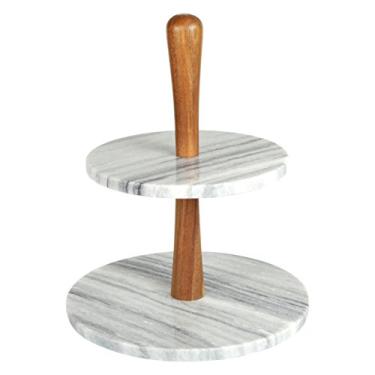 Imagem de Creative Home Pedra de mármore natural e madeira de acácia, suporte de bolo de 2 camadas para sobremesa, frutas, pastelaria, 25 cm de diâmetro x 29 cm de altura, cinza (off-white)