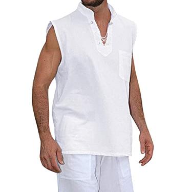 Imagem de Coletes para homens verão outono sem mangas decote em V linho camiseta regata nó simples coletes masculinos 2024 Y2K, Z-440 Branco, M