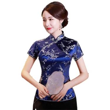 Imagem de Blusa feminina chinesa tradicional de cetim para verão, Flor azul marinho, G