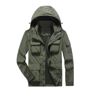 Imagem de Jaqueta masculina leve corta-vento Rip Stop capa de chuva casaco com bolsos multifuncionais, Verde militar, XXG