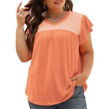 Imagem de VISLILY Camisetas plus size femininas de verão gola V blusas com babados e manga cavada, túnica plissada, casual, ilhós, 10_laranja, GG