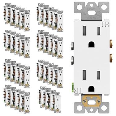 Imagem de Tomada de receptáculo decoradora ENERLITES, resistente a adulteração, nível residencial, 3 fios, autoaterramento, 2 polos, 15A 125V, certificado UL, 61501-TR-W-40PCS, branca (pacote com 40)