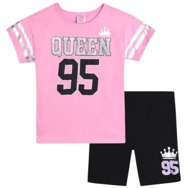 Imagem de Real Love Conjunto de shorts de bicicleta para meninas, 2 peças, linda camiseta grande e shorts de bicicleta - Roupa de verão combinando para meninas (7-12), Pink Queen 95, 7/8